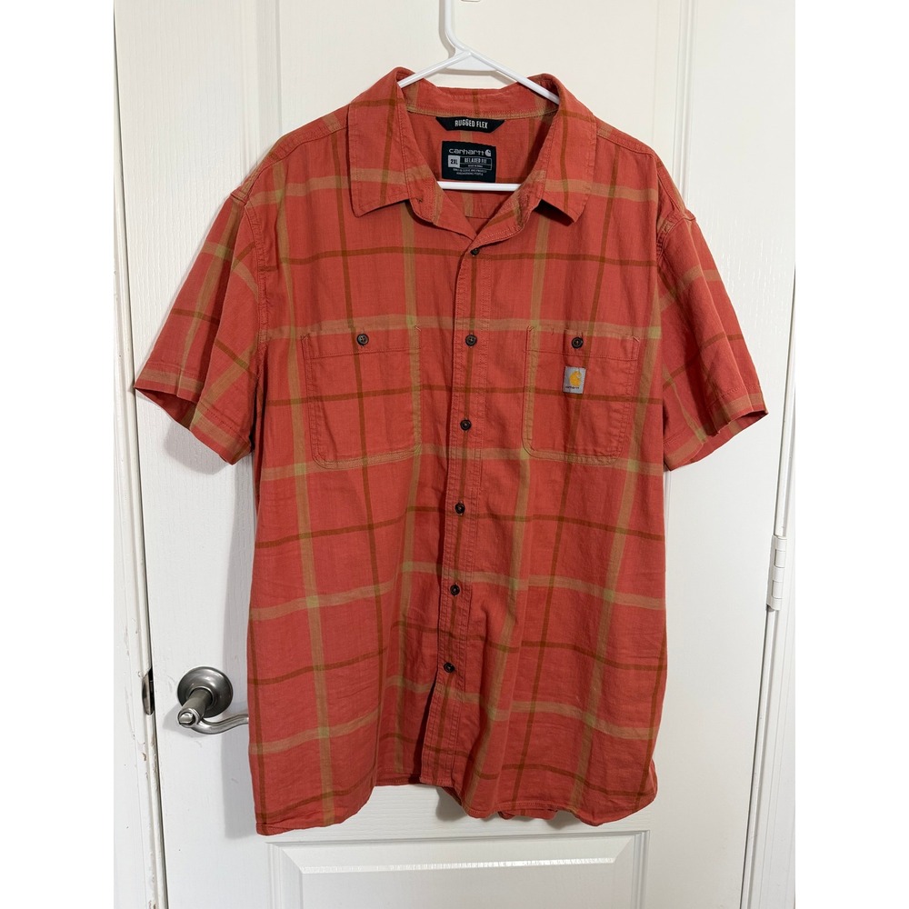 Carhartt Rugged Flex Relaxed Fit Plaid Short Sleeve Shirt Mens 2XL Orange Tan